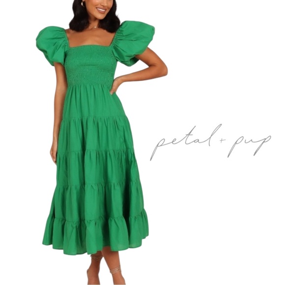 Petal & Pup Dresses & Skirts - PETAL & PUP new Morgan Annette Green Shirred A-Line Puff Sleeve Tier Dress NWOT